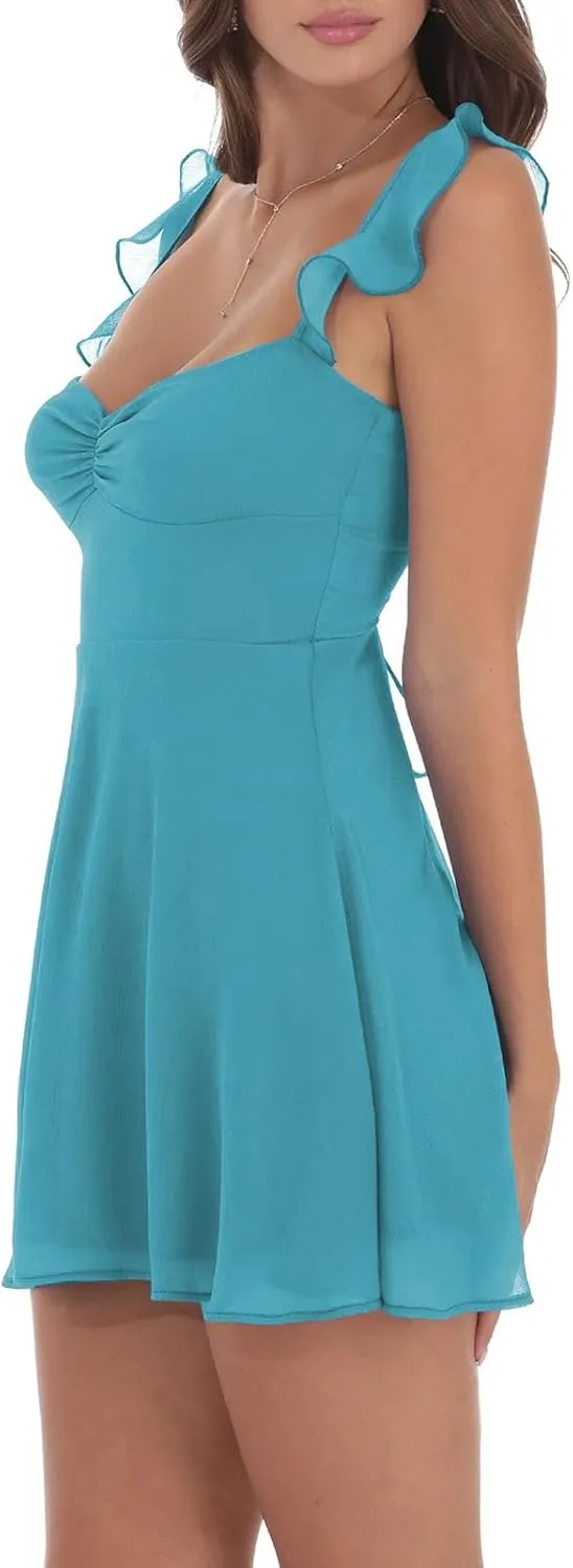 Women Y2k Lace Mini Dress Ruffle Hem Tie Back A Line Short Dress Sleeveless Bodycon Fairy Party Clubwear