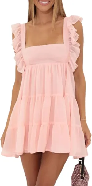 Women Y2k Lace Mini Dress Ruffle Hem Tie Back A Line Short Dress Sleeveless Bodycon Fairy Party Clubwear