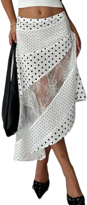 Women Y2K Maxi Skirt Coquette Hight Waist Lace Patchwork Irregular Hem Flowy Midi Skirt Summer Vacation Beachwear