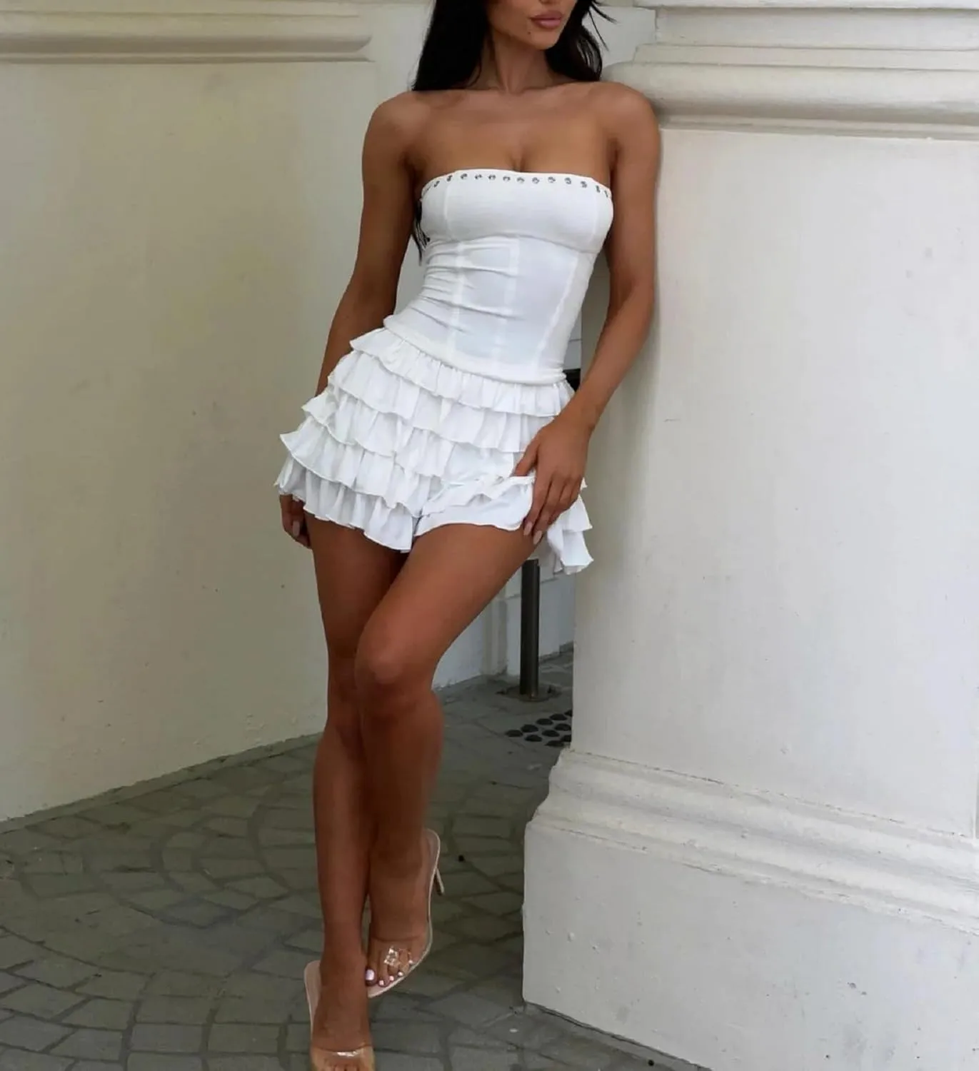 Women Y2K Strapless Short Dress Backless Tube Ruched Ruffle Mini Dress Floral Flowy Sleeveless Bodycon Sundress