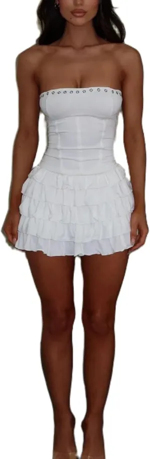 Women Y2K Strapless Short Dress Backless Tube Ruched Ruffle Mini Dress Floral Flowy Sleeveless Bodycon Sundress