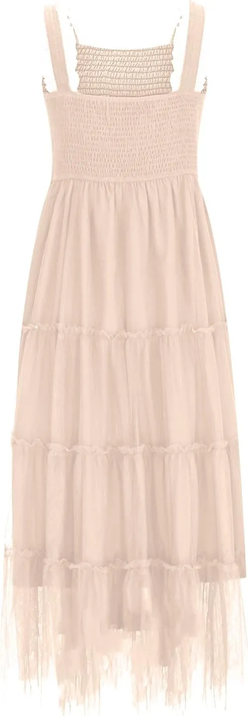 Women's 2025 Summer Solid Color Boho Dress Square Neck Strapped Swing A Line Sundress Beach Long Layering Maxi Outfit