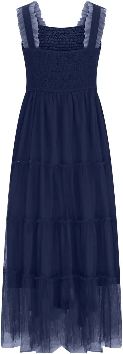 Women's 2025 Summer Solid Color Boho Dress Square Neck Strapped Swing A Line Sundress Beach Long Layering Maxi Outfit
