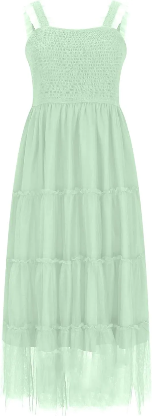 Women's 2025 Summer Solid Color Boho Dress Square Neck Strapped Swing A Line Sundress Beach Long Layering Maxi Outfit