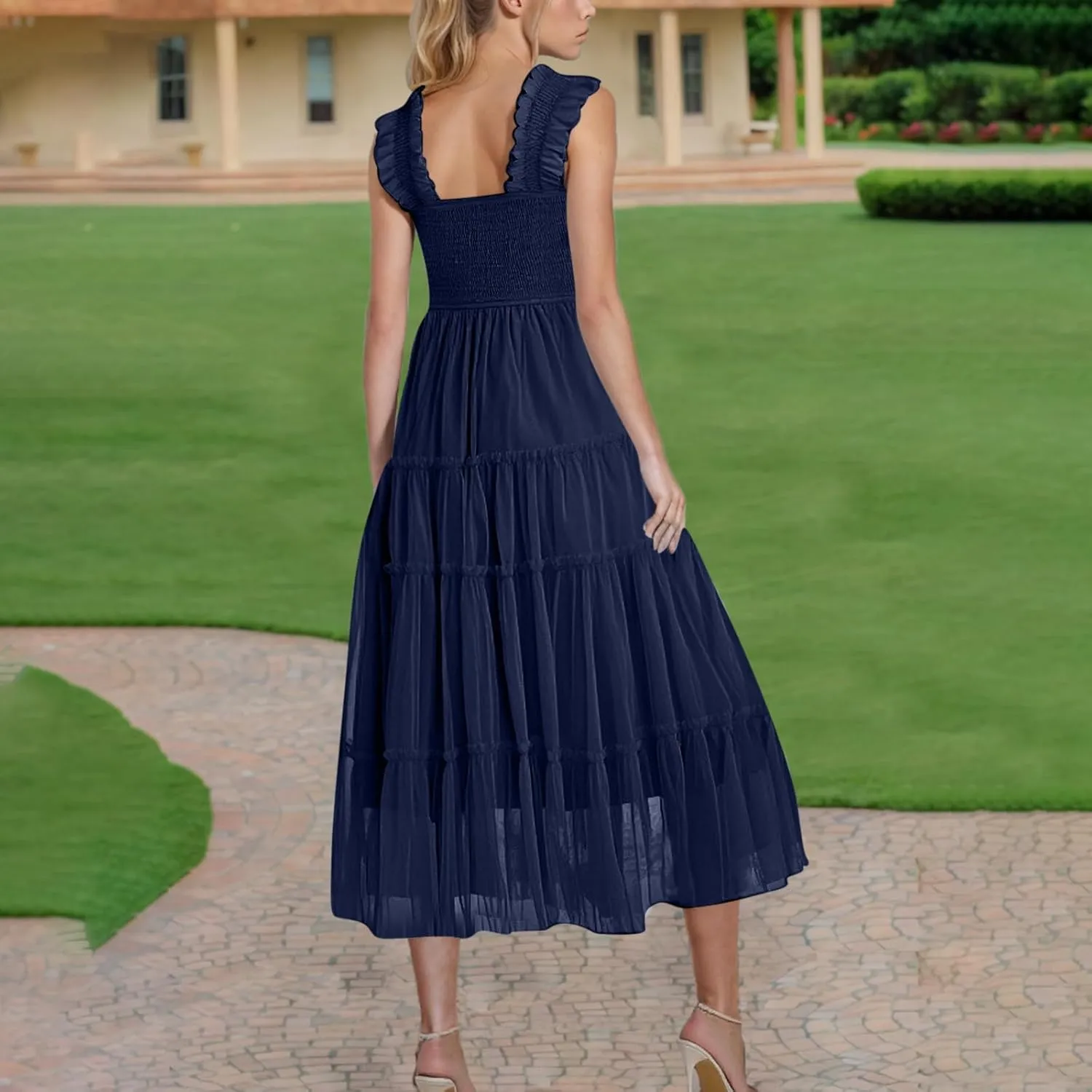 Women's 2025 Summer Solid Color Boho Dress Square Neck Strapped Swing A Line Sundress Beach Long Layering Maxi Outfit