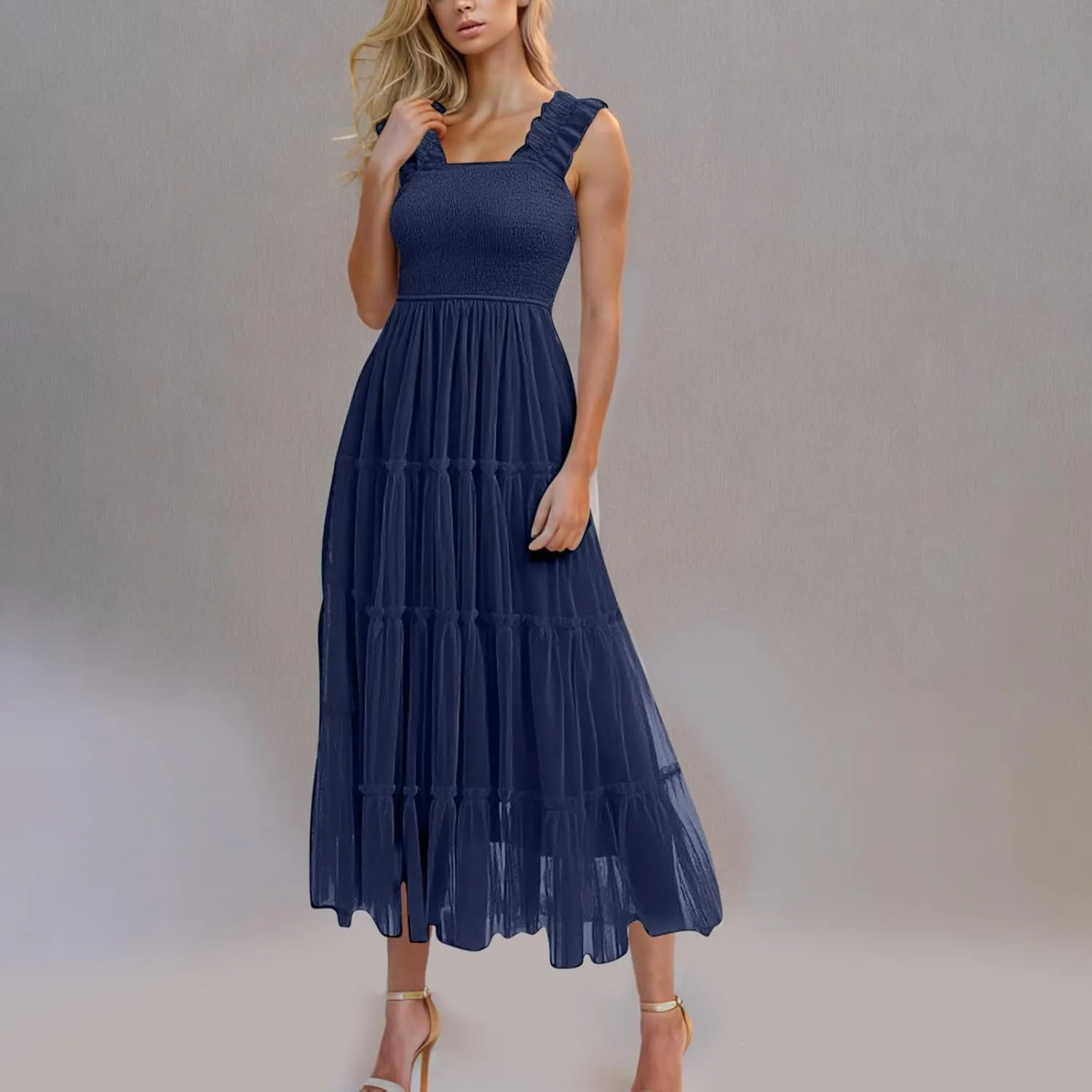 Women's 2025 Summer Solid Color Boho Dress Square Neck Strapped Swing A Line Sundress Beach Long Layering Maxi Outfit