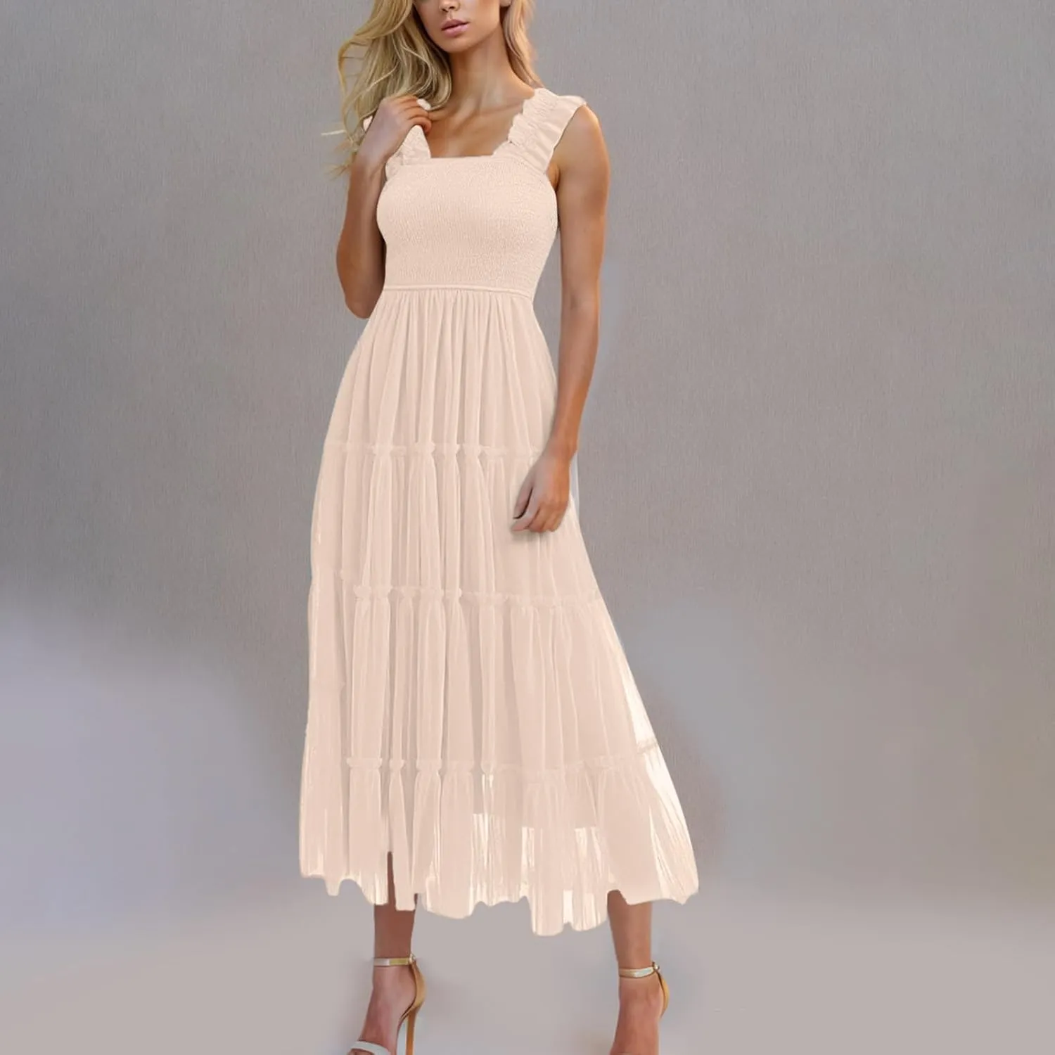 Women's 2025 Summer Solid Color Boho Dress Square Neck Strapped Swing A Line Sundress Beach Long Layering Maxi Outfit