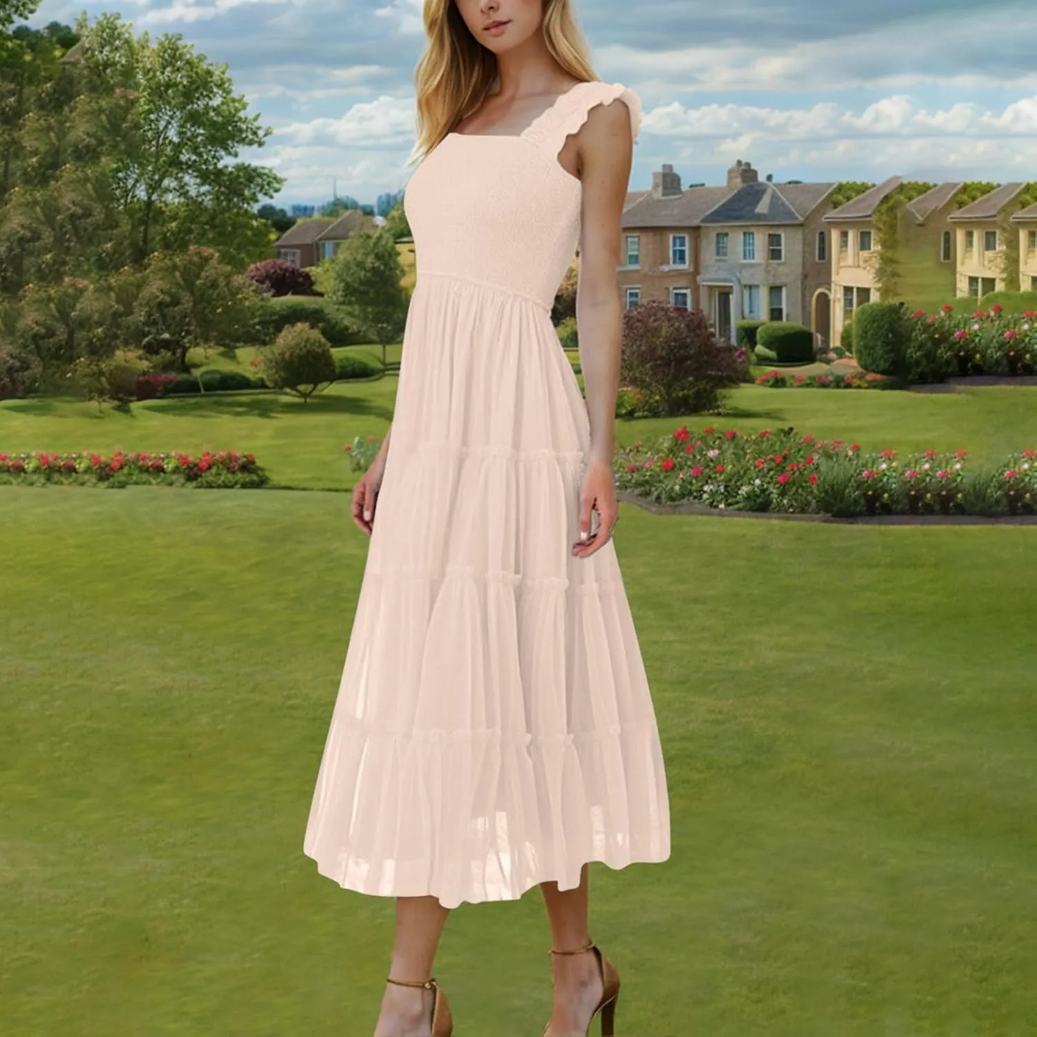 Women's 2025 Summer Solid Color Boho Dress Square Neck Strapped Swing A Line Sundress Beach Long Layering Maxi Outfit