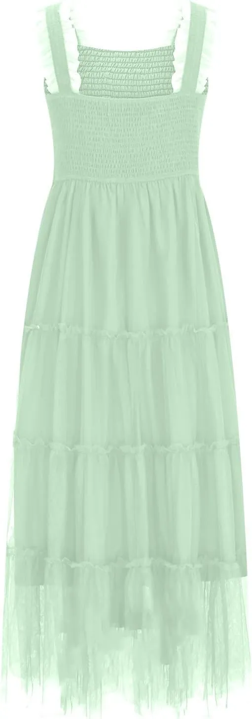 Women's 2025 Summer Solid Color Boho Dress Square Neck Strapped Swing A Line Sundress Beach Long Layering Maxi Outfit