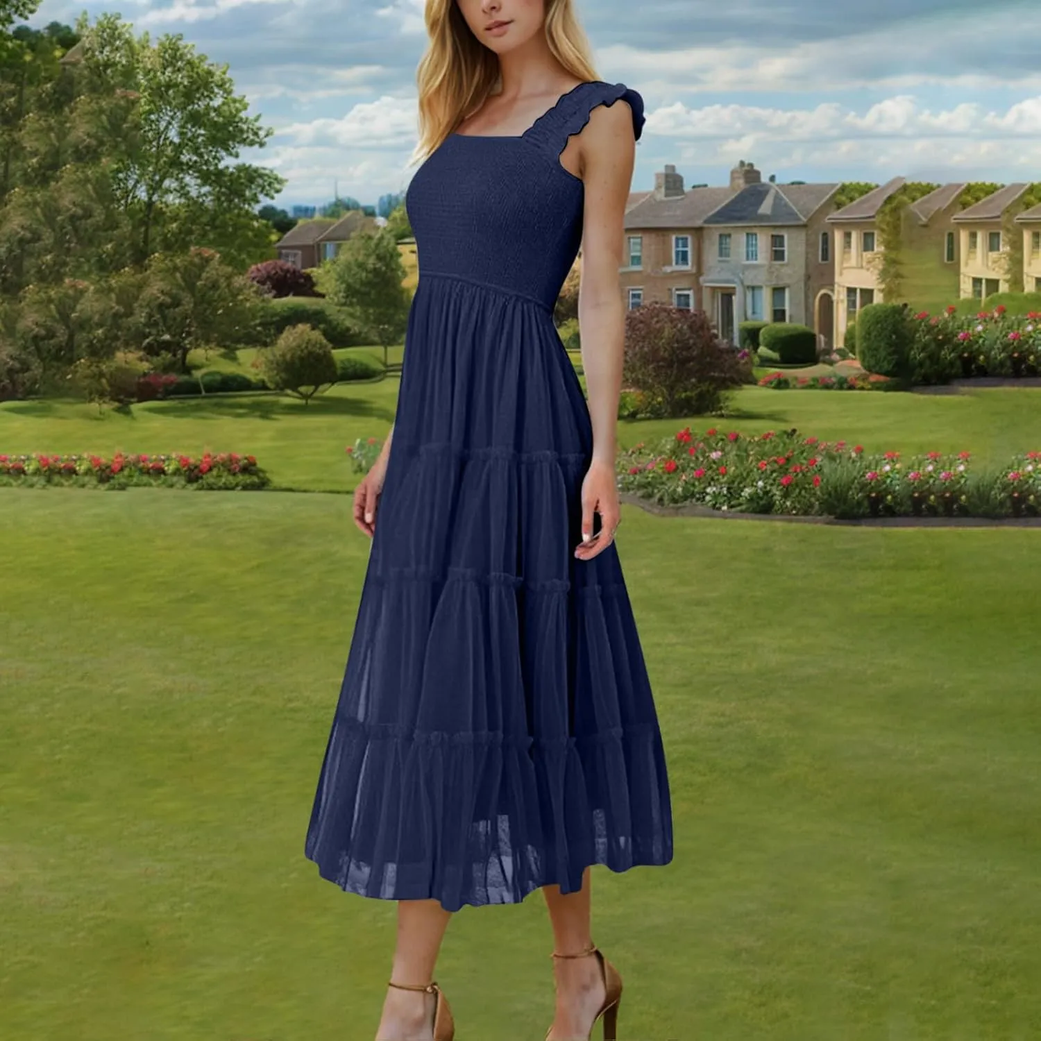 Women's 2025 Summer Solid Color Boho Dress Square Neck Strapped Swing A Line Sundress Beach Long Layering Maxi Outfit