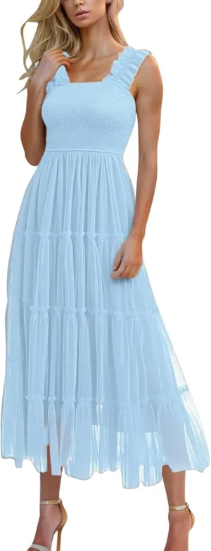 Women's 2025 Summer Solid Color Boho Dress Square Neck Strapped Swing A Line Sundress Beach Long Layering Maxi Outfit