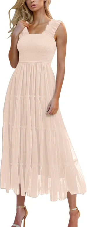 Women's 2025 Summer Solid Color Boho Dress Square Neck Strapped Swing A Line Sundress Beach Long Layering Maxi Outfit