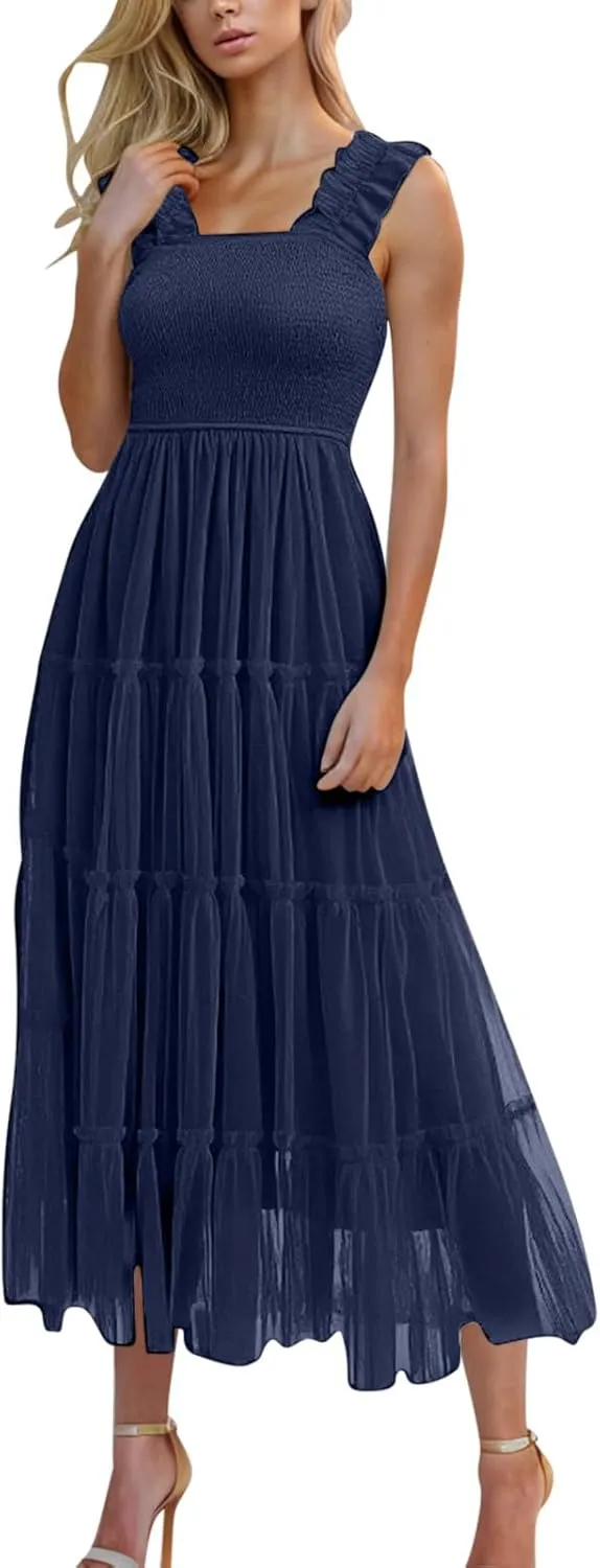 Women's 2025 Summer Solid Color Boho Dress Square Neck Strapped Swing A Line Sundress Beach Long Layering Maxi Outfit