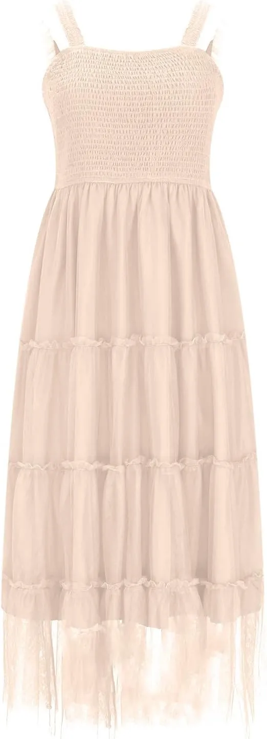 Women's 2025 Summer Solid Color Boho Dress Square Neck Strapped Swing A Line Sundress Beach Long Layering Maxi Outfit
