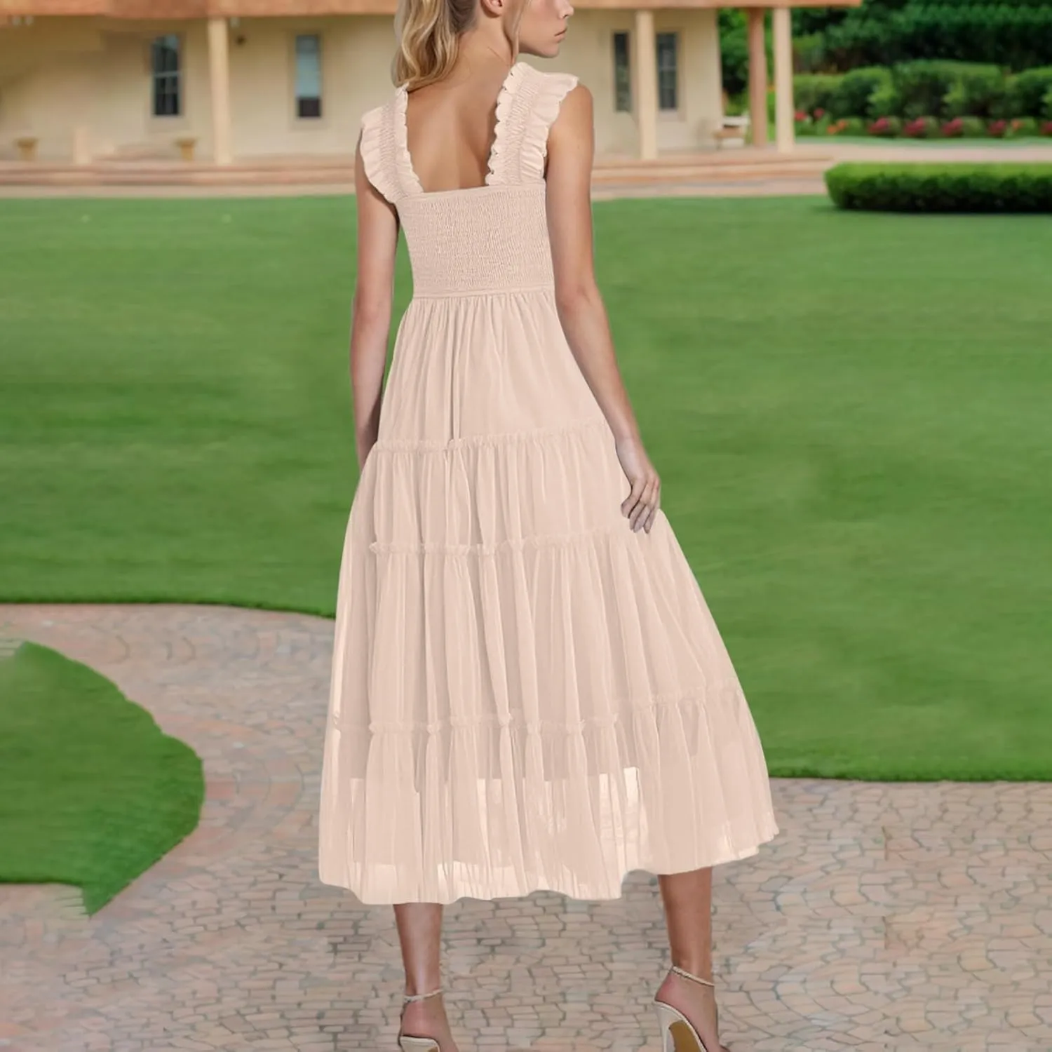 Women's 2025 Summer Solid Color Boho Dress Square Neck Strapped Swing A Line Sundress Beach Long Layering Maxi Outfit