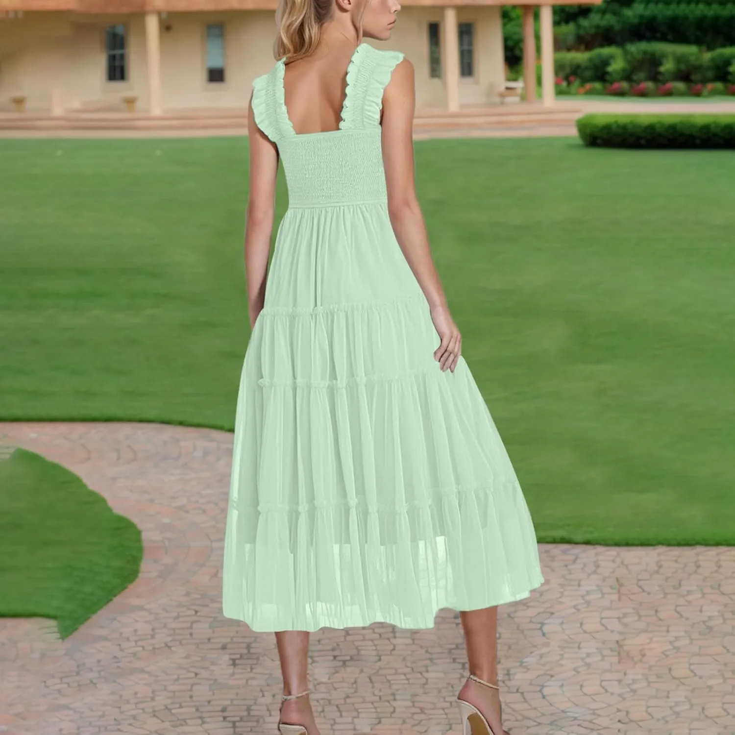 Women's 2025 Summer Solid Color Boho Dress Square Neck Strapped Swing A Line Sundress Beach Long Layering Maxi Outfit