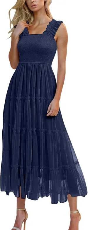 Women's 2025 Summer Solid Color Boho Dress Square Neck Strapped Swing A Line Sundress Beach Long Layering Maxi Outfit