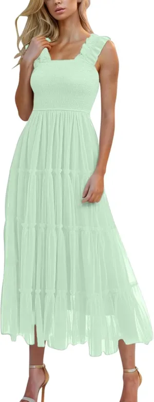 Women's 2025 Summer Solid Color Boho Dress Square Neck Strapped Swing A Line Sundress Beach Long Layering Maxi Outfit