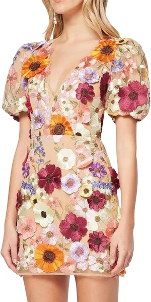 Women's 3D Floral Embroidery Dress Ruffle Sleeve Deep V Lace Bodycon Party Cocktail Mini Dress(Apricot-XXL)