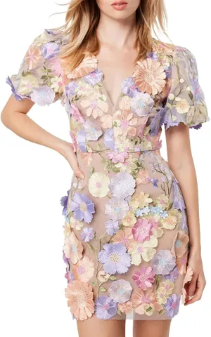 Women's 3D Floral Embroidery Dress Ruffle Sleeve Deep V Lace Bodycon Party Cocktail Mini Dress(Blue-XL)