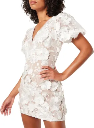 Women's 3D Floral Embroidery Dress Ruffle Sleeve Deep V Lace Bodycon Party Cocktail Mini Dress(White-S)