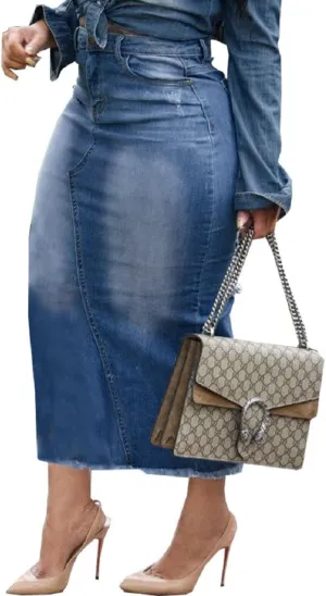 Womens Casual Slit Denim Midi Jean Skirt Stretch High Waist Frayed Button Up with Pockets