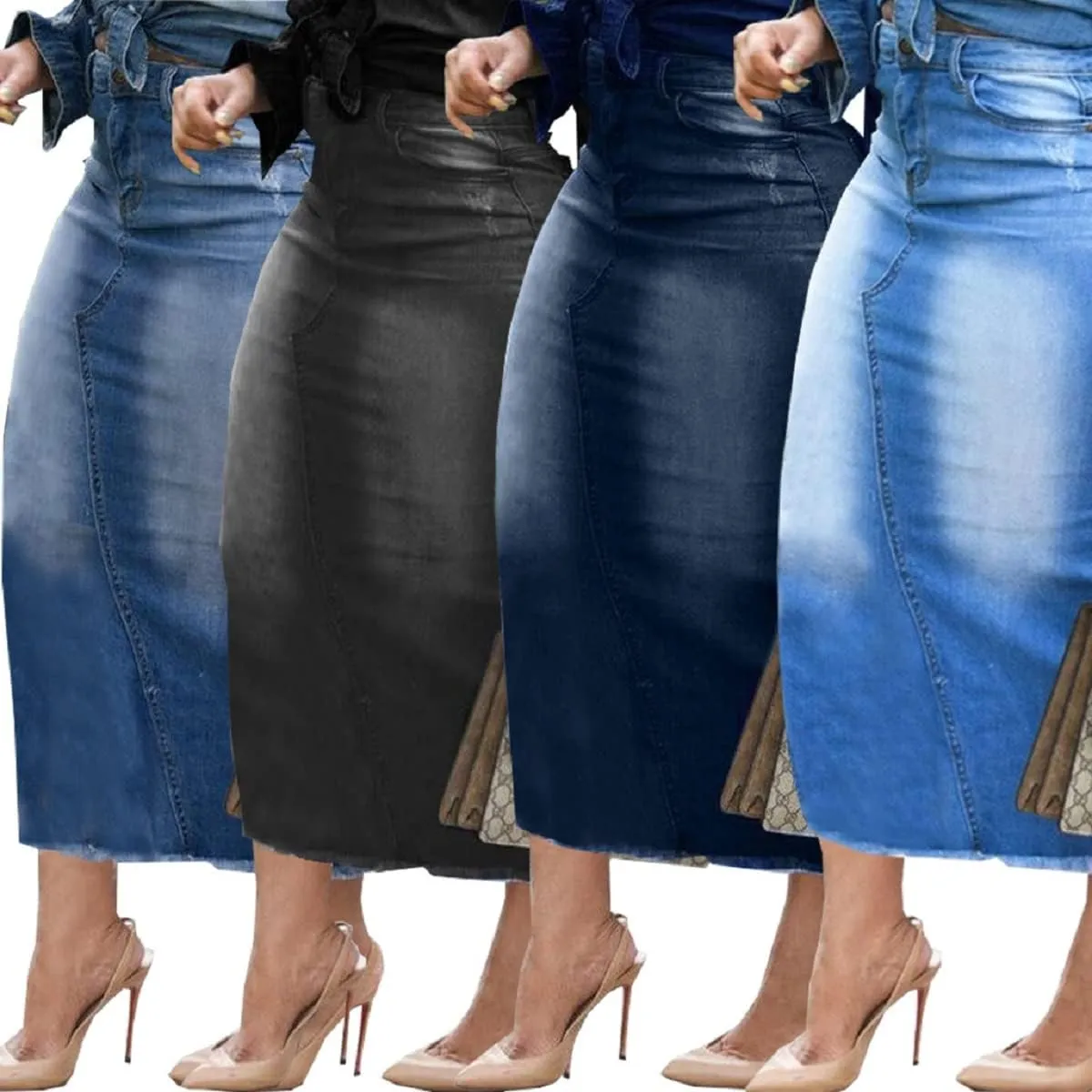 Womens Casual Slit Denim Midi Jean Skirt Stretch High Waist Frayed Button Up with Pockets