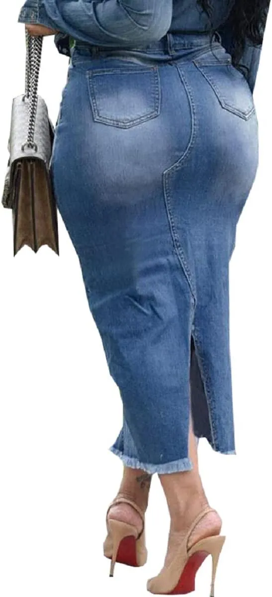 Womens Casual Slit Denim Midi Jean Skirt Stretch High Waist Frayed Button Up with Pockets
