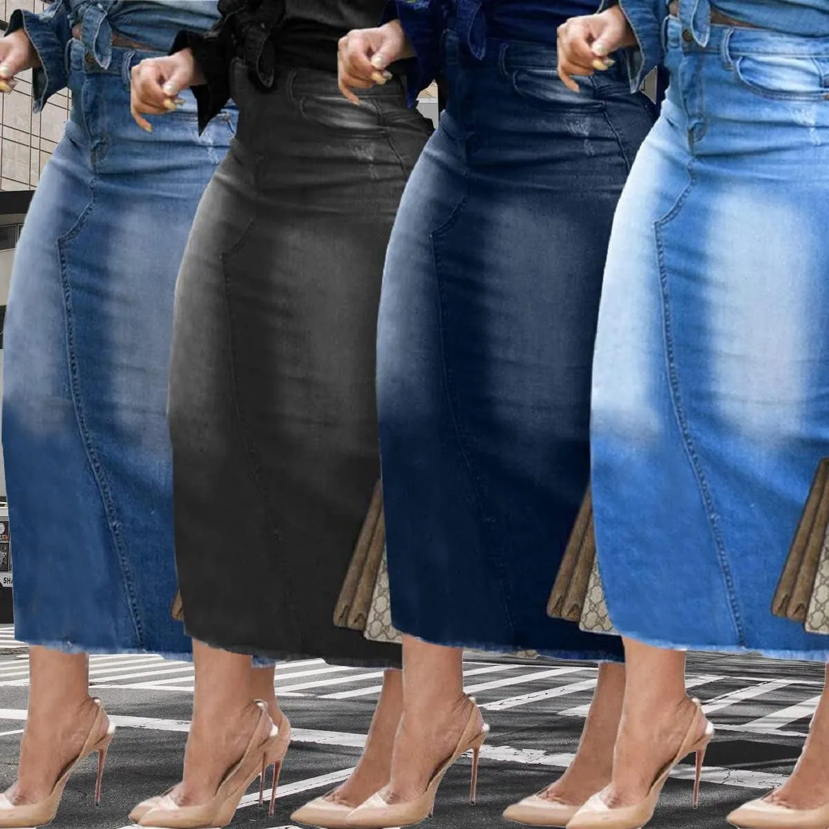 Womens Casual Slit Denim Midi Jean Skirt Stretch High Waist Frayed Button Up with Pockets