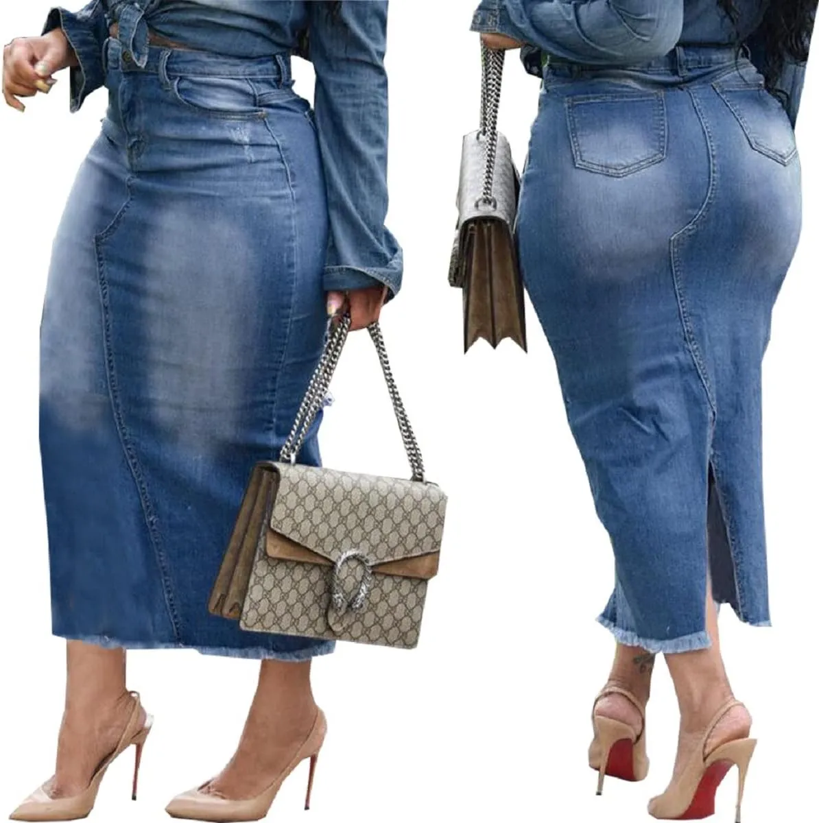 Womens Casual Slit Denim Midi Jean Skirt Stretch High Waist Frayed Button Up with Pockets