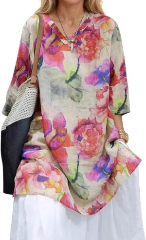 Womens Cotton Linen 3/4 Sleeve Floral Print V Neck Dresses Plus Size Vintage Casual Loose Tshirt Dress with Pockets