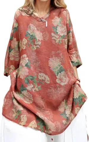 Womens Cotton Linen 3/4 Sleeve Floral Print V Neck Dresses Plus Size Vintage Casual Loose Tshirt Dress with Pockets