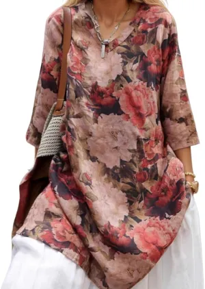 Womens Cotton Linen 3/4 Sleeve Floral Print V Neck Dresses Plus Size Vintage Casual Loose Tshirt Dress with Pockets