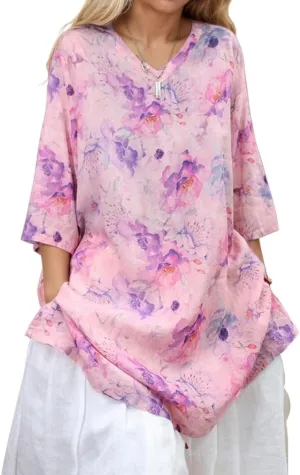 Womens Cotton Linen 3/4 Sleeve Floral Print V Neck Dresses Plus Size Vintage Casual Loose Tshirt Dress with Pockets
