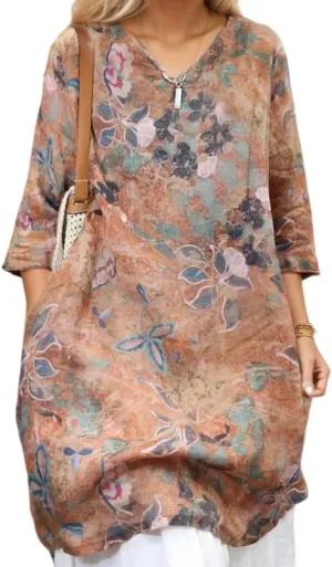 Womens Cotton Linen 3/4 Sleeve Floral Print V Neck Dresses Plus Size Vintage Casual Loose Tshirt Dress with Pockets