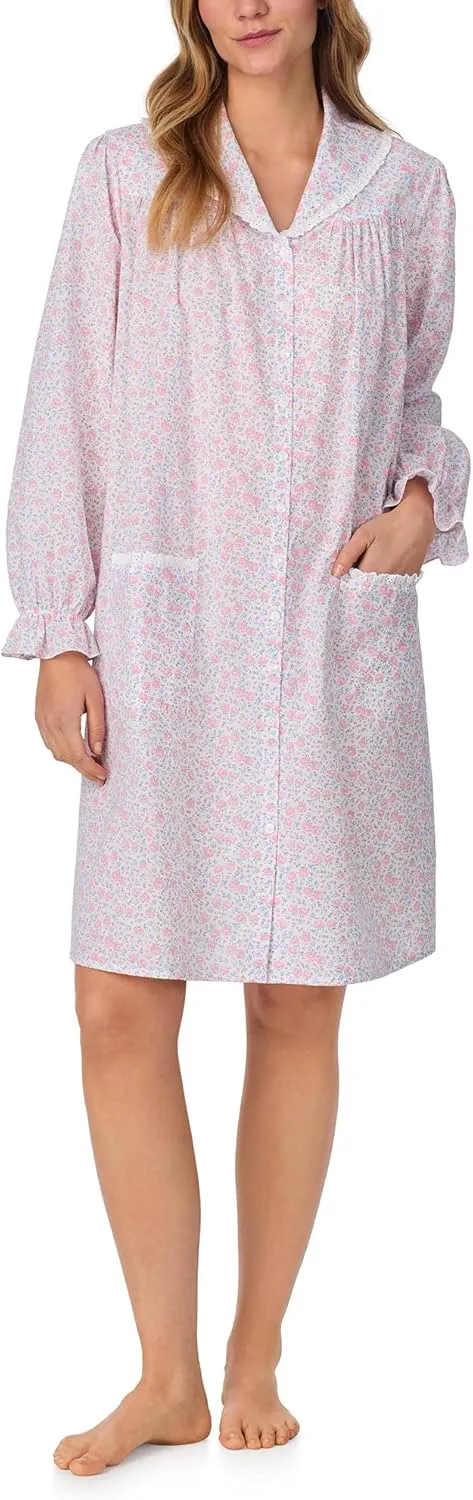 Women's Cotton Short Robe Dress, Button-Front with Lace Trim, Soft & Lightweight Loungewear