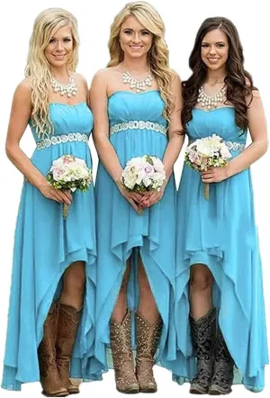 Women's Country Bridesmaid Dresses High Low Rustic Strapless Wedding Party Gowns Chiffon