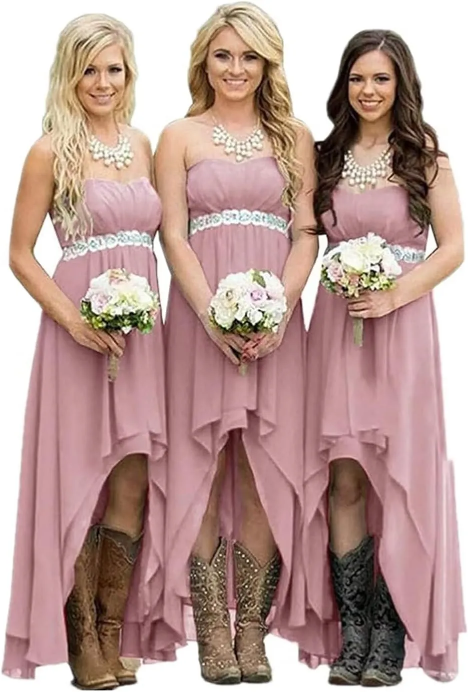 Women's Country Bridesmaid Dresses High Low Rustic Strapless Wedding Party Gowns Chiffon