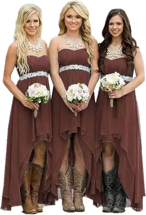 Women's Country Bridesmaid Dresses High Low Rustic Strapless Wedding Party Gowns Chiffon