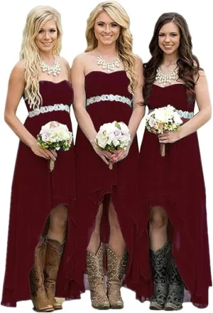 Women's Country Bridesmaid Dresses High Low Rustic Strapless Wedding Party Gowns Chiffon
