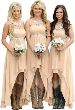 Women's Country Bridesmaid Dresses High Low Rustic Strapless Wedding Party Gowns Chiffon