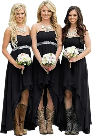 Women's Country Bridesmaid Dresses High Low Rustic Strapless Wedding Party Gowns Chiffon