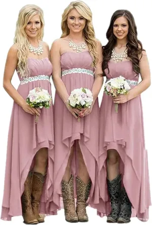 Women's Country Bridesmaid Dresses High Low Rustic Strapless Wedding Party Gowns Chiffon