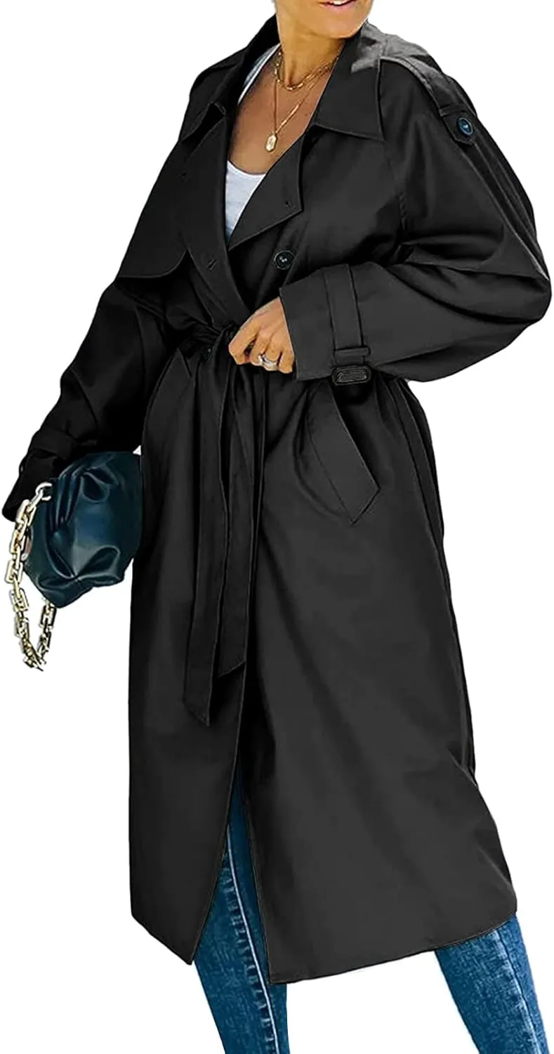 Women's Double Breasted Long Trench Coat Classic Lapel Long Sleeve Casual Windproof Overcoat with Belt Streetwear