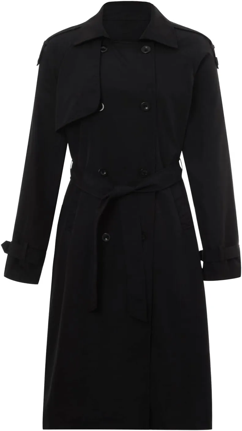 Women's Double Breasted Long Trench Coat Classic Lapel Long Sleeve Casual Windproof Overcoat with Belt Streetwear