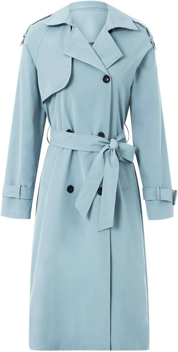 Women's Double Breasted Long Trench Coat Classic Lapel Long Sleeve Casual Windproof Overcoat with Belt Streetwear