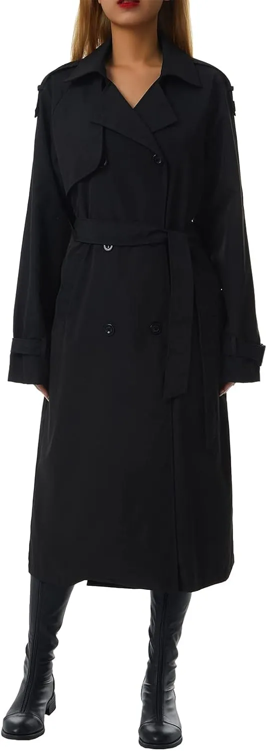 Women's Double Breasted Long Trench Coat Classic Lapel Long Sleeve Casual Windproof Overcoat with Belt Streetwear