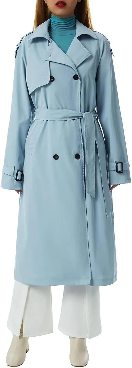 Women's Double Breasted Long Trench Coat Classic Lapel Long Sleeve Casual Windproof Overcoat with Belt Streetwear