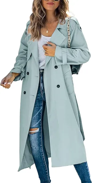 Women's Double Breasted Long Trench Coat Classic Lapel Long Sleeve Casual Windproof Overcoat with Belt Streetwear