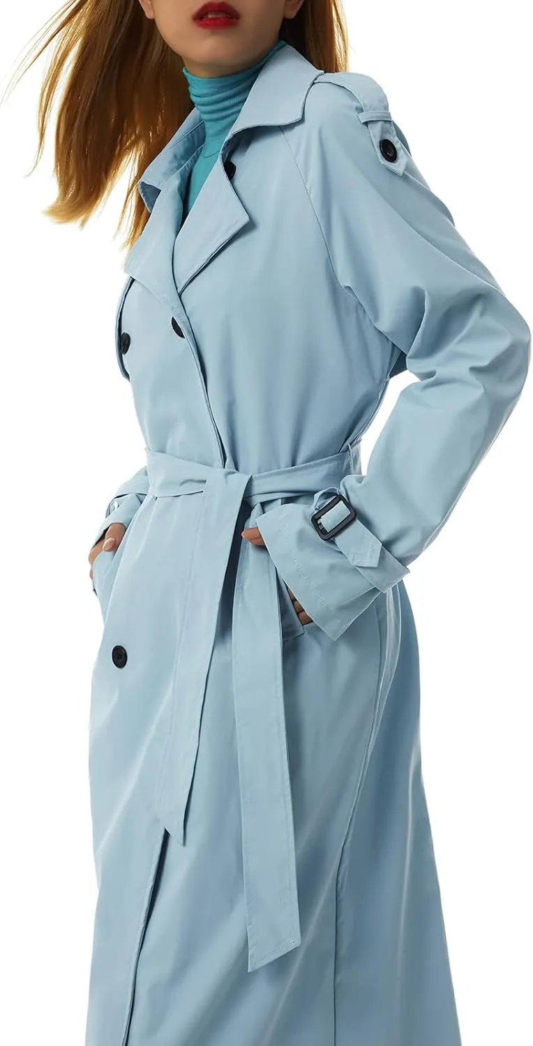 Women's Double Breasted Long Trench Coat Classic Lapel Long Sleeve Casual Windproof Overcoat with Belt Streetwear